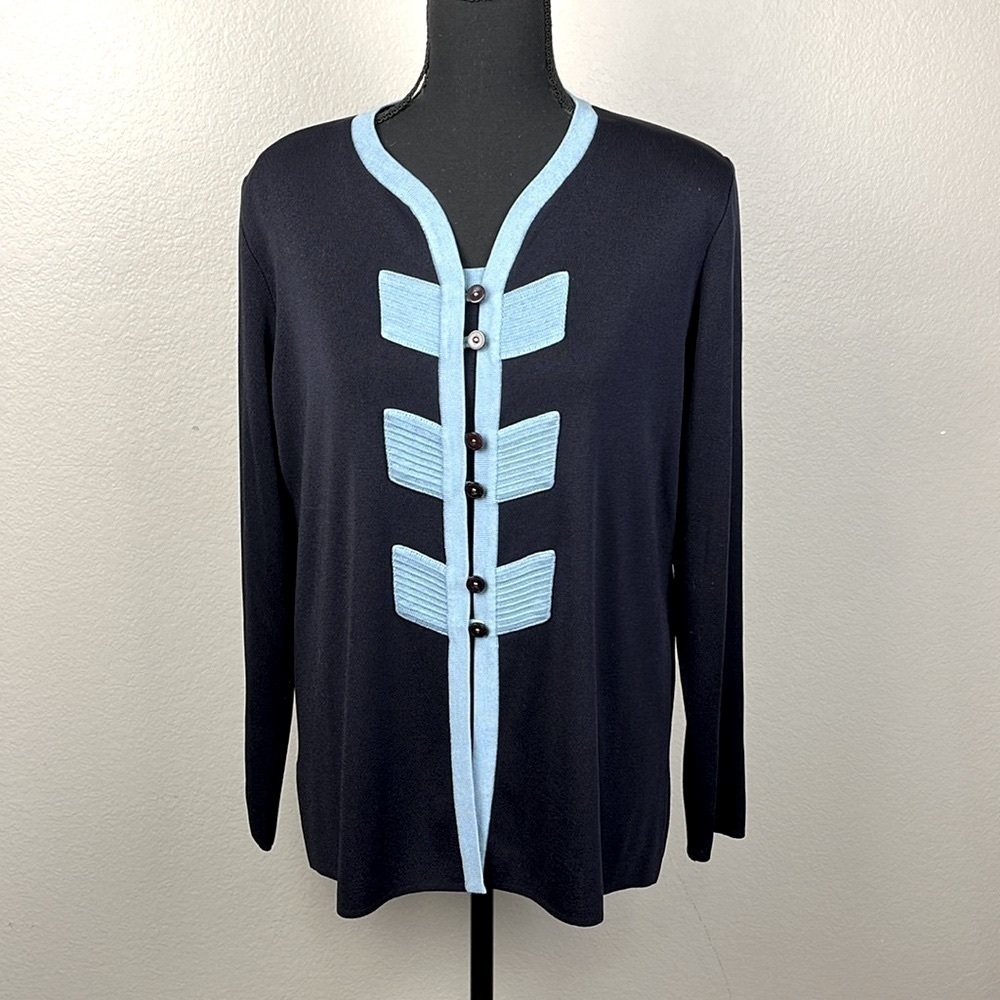 Misook Black Cardigan camisol & skirt with Light Blue Trim 3 PCs